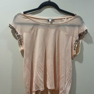 Express Short Sleeve Sheer Pink Top with Jewels on the Sleeves